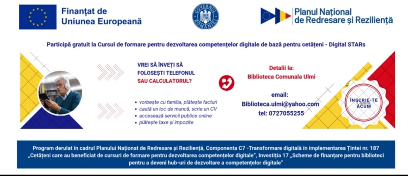 ANUNȚ – CURSURI DE COMPETENȚE DIGITALE GRATUITE PENTRU LOCUITORII COMUNEI ULMI